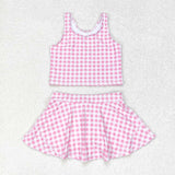 GSD0992 Pink Plaid Skort Girls Swimsuit