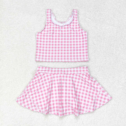 GSD0992 Pink Plaid Skort Girls Swimsuit