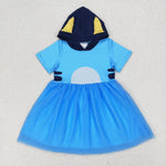 GSD0997 Cartoon Blue Dog Hoodie Tulle Girls Dress