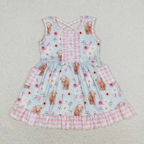 GSD1173 Cow Flower Pink Plaid Girls Dress