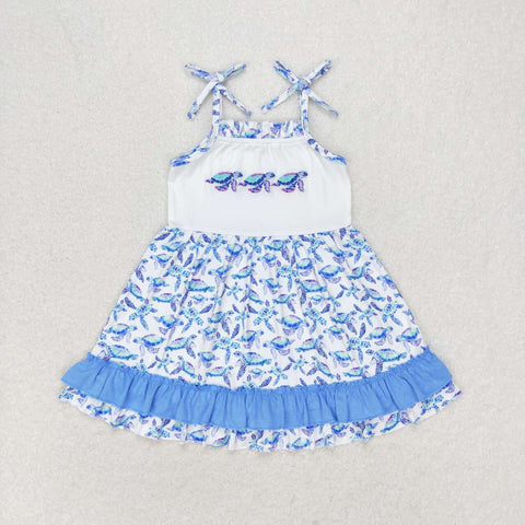 GSD1233 Embroidery Sea turtle Blue Girls Dress