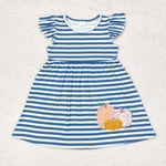 GSD1254 Embroidery Pumpkin Blue Stripe Girls Dress