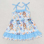 GSD1284 Cartoon Blue Dog Rainbow Girls Dress