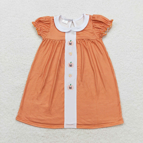 GSD1337 Embroidery Pumpkin Orange Plaid Girls Dress