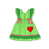 GSD1356 Christmas Green Love Ruffles Cotton Girls Dress