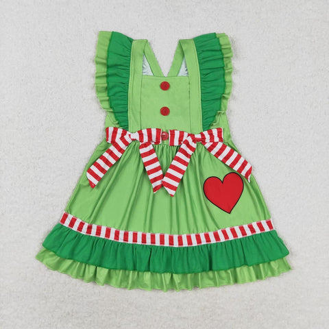 GSD1356 Christmas Green Love Ruffles Cotton Girls Dress