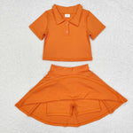 GSD1394 Sports Orange Polo Shirt Skirt Girls Set