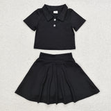 GSD1397 Sports Black Polo Shirt Skirt Girls Set