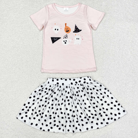 GSD1407 Halloween Pumpkin Dots Girls Skirt Set