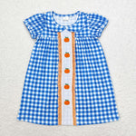 GSD1412 Embroidery Pumpkin Blue Plaid Cute Girls Dress