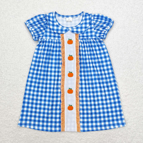 GSD1412 Embroidery Pumpkin Blue Plaid Cute Girls Dress