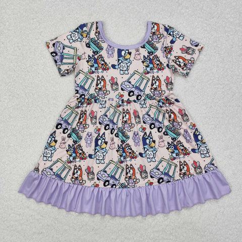 GSD1491 Easter Cartoon Blue Dog Purple Girl's Dress