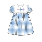 Preorder GSD1522 Embroidery Easter Cross Blue Plaid Girl's Dress