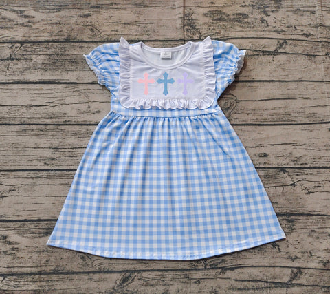 Preorder GSD1522 Embroidery Easter Cross Blue Plaid Girl's Dress