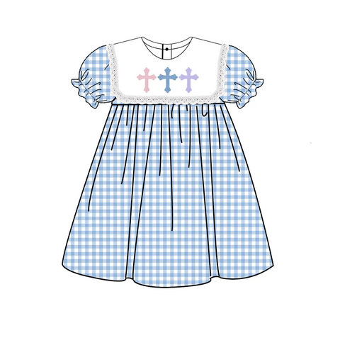 Preorder 11.16 GSD1522 Easter Cross Blue Plaid Girl's Dress