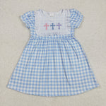 GSD1522 Embroidery Easter Cross Blue Plaid Girl's Dress