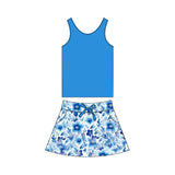 Preorder GSD1595 Flower Blue Girls Skirt Shorts Set