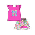 Preorder GSD1688 Embroidery Flower Bows Pink Girls Skirt Shorts Set