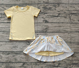 Preorder GSD1716 Embroidery Flower Floral Yellow Bows Girls Skirt Shorts Set