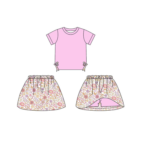 Preorder 01.04 GSD1719 Flower Floral Pink Bows Girls Skirt Shorts Set