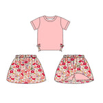 Preorder GSD1721 Embroidery Flower Floral Pink Bows Girls Skirt Shorts Set