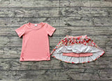 Preorder GSD1721 Embroidery Flower Floral Pink Bows Girls Skirt Shorts Set