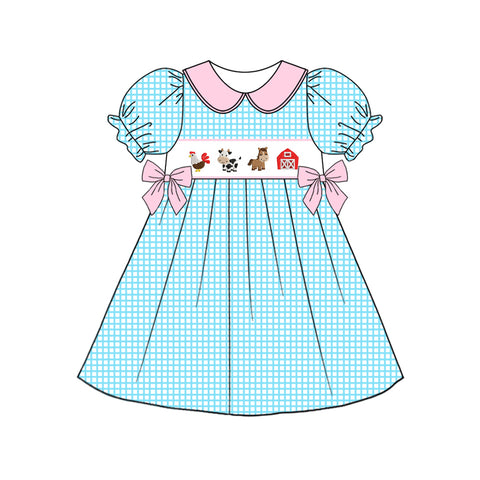 Preorder 01.17 GSD1777 Farm Animal Blue Plaid Girl's Dress