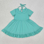 GSD1918 Green Solid Color Cotton Girl's Dress