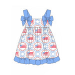 Preorder 02.08 GSD1941 July 4th Flag Bows Blue Girl's Dress