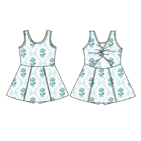 Preorder 02.11 GSD1944 Flower Bows Blue Yoga Girl's Dress Onesie