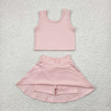 GSD1977 Solid Color Pink Yoga Girls Skorts Set