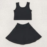 GSD1982 Solid Color Black Yoga Girls Skorts Set