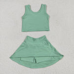 GSD1984 Solid Color Green Yoga Girls Skorts Set