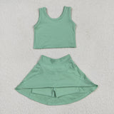 GSD1984 Solid Color Green Yoga Girls Skorts Set