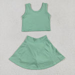 GSD1984 Solid Color Green Yoga Girls Skorts Set
