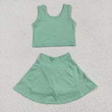 GSD1984 Solid Color Green Yoga Girls Skorts Set