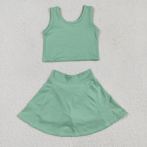 GSD1984 Solid Color Green Yoga Girls Skorts Set