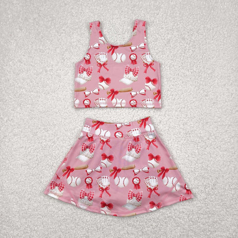 GSD2044 Baseball Bows Red Yoga Girls Skorts Set