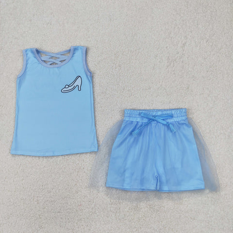 GSD2063 Cartoon Princess Blue Tulle Girls Shorts Set