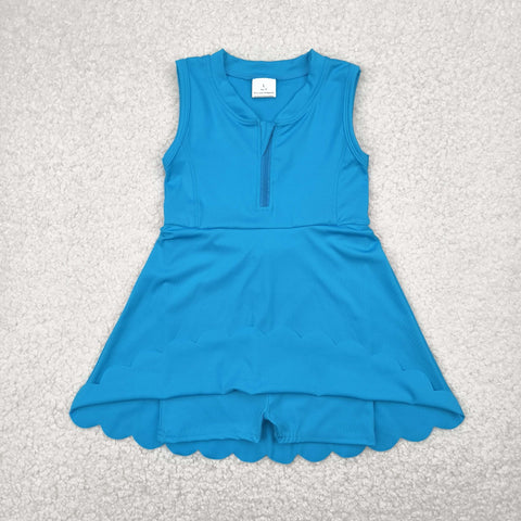 GSD2090 Solid Color Blue Zip Yoga Girl's Dress Onesie