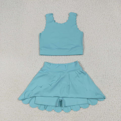GSD2096 Solid Color Blue Yoga Girls Skirt Set