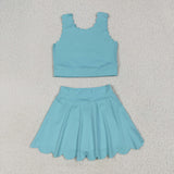 GSD2096 Solid Color Blue Yoga Girls Skirt Set