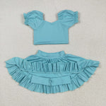 GSD2101 Solid Color Sky Blue Cute Yoga Girls Skorts Set
