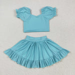 GSD2101 Solid Color Sky Blue Cute Yoga Girls Skorts Set