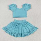 GSD2101 Solid Color Sky Blue Cute Yoga Girls Skorts Set