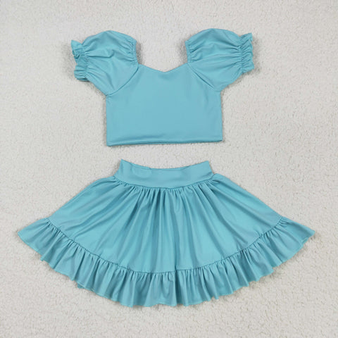GSD2101 Solid Color Sky Blue Cute Yoga Girls Skorts Set