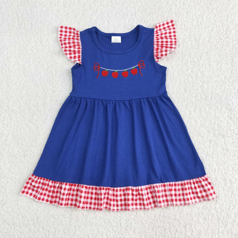 GSD2153 Embroidery  Back To School Apple Blue Girl's Dress