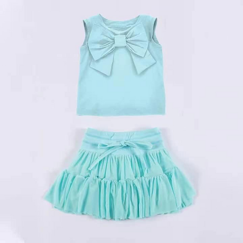 Preorder GSD2194 Bows Blue Ruffles Cake Cotton Girls Skirt Set