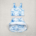 GSD2198 Bows Blue Castle Yoga Girls Skorts Set