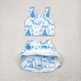 GSD2198 Bows Blue Castle Yoga Girls Skorts Set